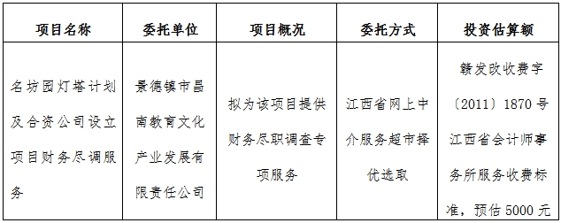 名坊園燈塔計(jì)劃及合資公司設(shè)立項(xiàng)目財(cái)務(wù)盡調(diào)服務(wù)計(jì)劃公告