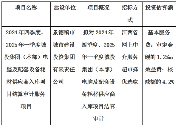 2024年四季度、2025年一季度城投集團(tuán)（本部）電腦及配套設(shè)備耗材供應(yīng)商入庫(kù)項(xiàng)目結(jié)算審計(jì)服務(wù)項(xiàng)目計(jì)劃公告